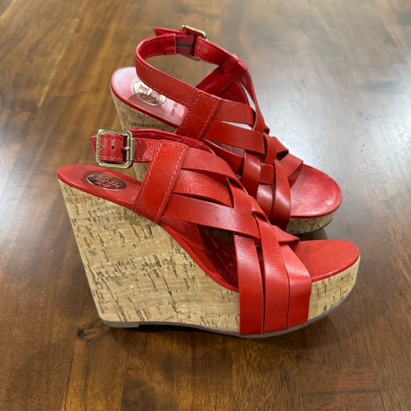 Tory Burch Shoes - Tory Burch Red Leather Cork Wedge Sandals